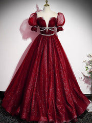 Burgundy Tulle Sequin Long Prom Dress, Burgundy Formal Evening Dresses