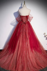 Burgundy Tulle Strapless Floor Length Prom Dress, A-Line Evening Graduation Dress