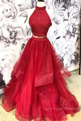 Burgundy two pieces tulle lace long prom dress, lace evening dress