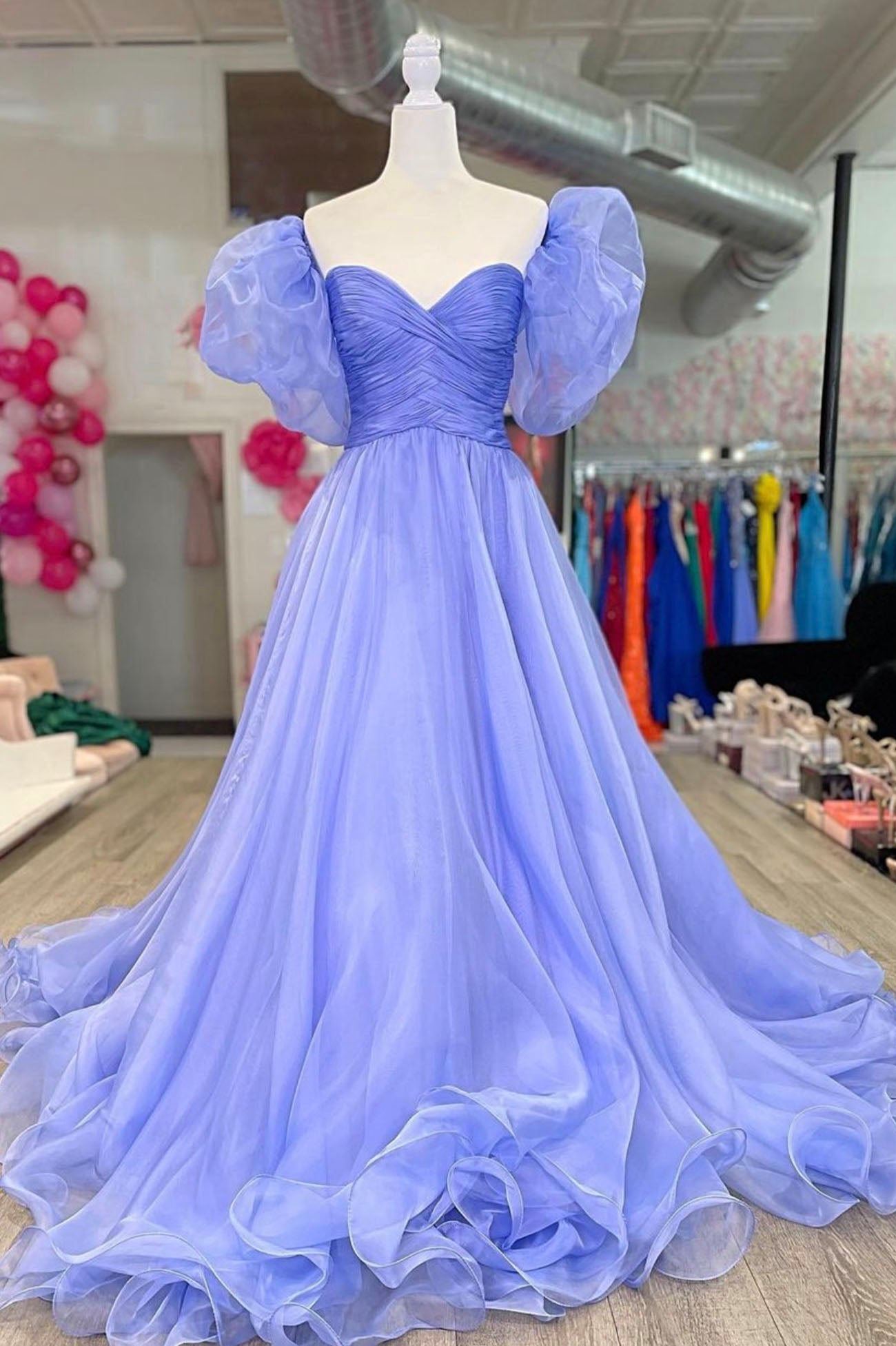 A-Line Organza Long Prom Dress, Lovely Puff Sleeve Evening Dress
