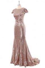 Cap Sleeves Rose Gold Sequin Mermaid Long Bridesmaid Dress