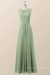 Cap Sleeves Sage Green Chiffon A-line Bridesmaid Dress