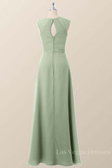 Cap Sleeves Sage Green Chiffon A-line Bridesmaid Dress