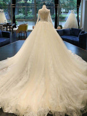 Cathedral Train Appliques Long Sleeve A-line Wedding Dresses