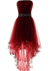 Wine Red Homecoming Dress, Burgundy High Low Party Dress with Beadings