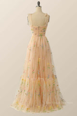 Champagne A-line Embroidered Long Formal Gown
