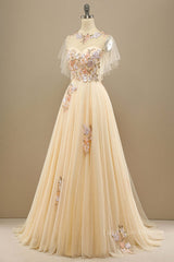 Champagne Floral Embroidery A-line Long Formal Dress