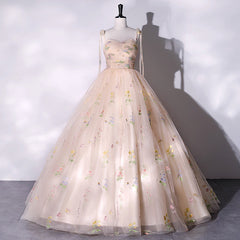 Champagne Floral Tulle Straps Sweetheart Long Party Dress, Ball Gown Sweet 16 Dresses