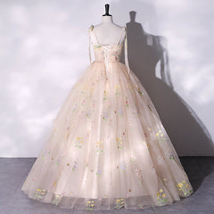 Champagne Floral Tulle Straps Sweetheart Long Party Dress, Ball Gown Sweet 16 Dresses