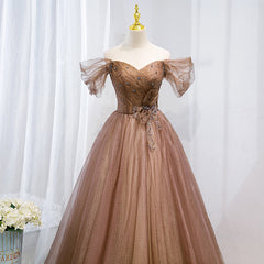 Champagne Off Shoulder Beaded A-line Tulle Long Party Dress, Long Evening Gown