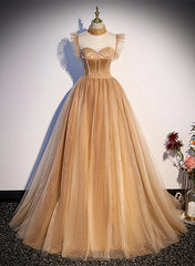Champagne Tulle Beaded Long Sweet 16 Formal Dresses, Champagne Party Dresses