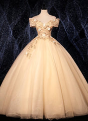 Champagne Tulle Flowers  Off Shoulder Sweet 16 Party Dress, Long Prom Dress, Formal Gown