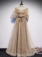 Champagne Tulle Long Party Dress, Short Sleeves A-line Formal Dress Evening Dress