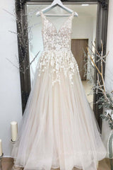 Champagne tulle v neck lace long prom dress champagne formal dress