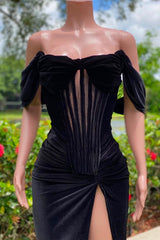 Charming Black Long Mermaid Off the Shoulder Velvet Prom Dress with Slit