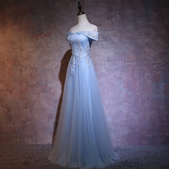 Charming Blue Elegant Tulle Party Dress with Lace Applique, Long Prom Dress