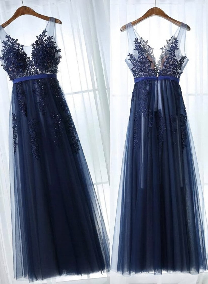 Charming Blue Lace Applique Prom Dress, A-line Blue Bridesmaid Dress