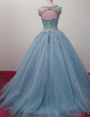 Charming Blue Tulle Long Ball Gown Sweet 16 Dress with Lace, Formal Gown