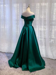 Charming Dark Green Satin Long Junior Prom Dress, Off Shoulder Evening Gown