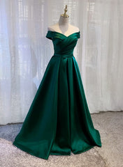 Charming Dark Green Satin Long Junior Prom Dress, Off Shoulder Evening Gown