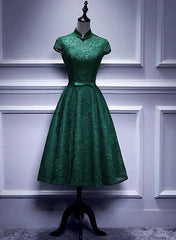 Charming Dark Green Tea Length High Neckline Party Dress, Wedding Party Dress