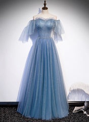 Charming Light Blue Tulle Puffy Sleeves Floor Length Party Dress, Blue A-line Pricess Gowns Prom Dress