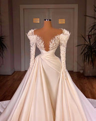 Charming Long A-line Cathedral V-neck Satin Lace Wedding Dresses With Sleeves