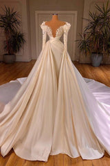 Charming Long A-line Cathedral V-neck Satin Lace Wedding Dresses With Sleeves
