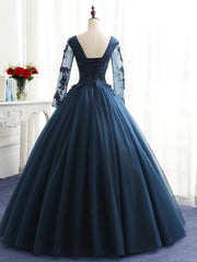 Charming Long Sleeves Navy Blue Tulle Party Gown, Navy Blue Prom Dress