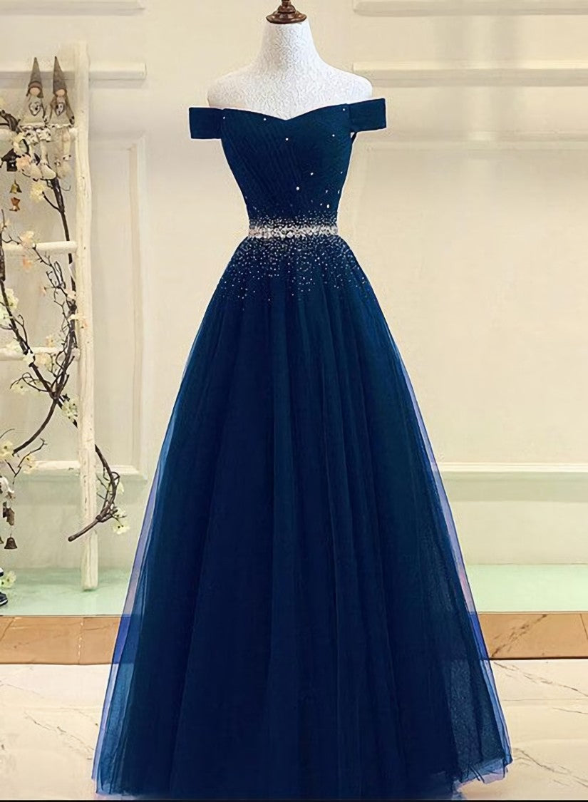 Charming Navy Blue Off Shoulder Floor Length Beaded Party Dress, Party Dress