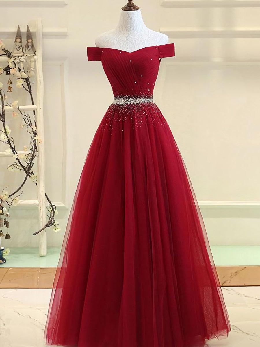 Charming Off Shoulder Tulle Beaded Prom Gown, Wine Red Long Junior Prom Dress