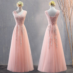 Charming Pearl Pink Tulle Simple Party Dress with Lace, V-neckline Long Formal Dress