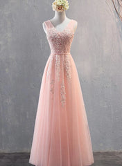 Charming Pearl Pink Tulle Simple Party Dress with Lace, V-neckline Long Formal Dress