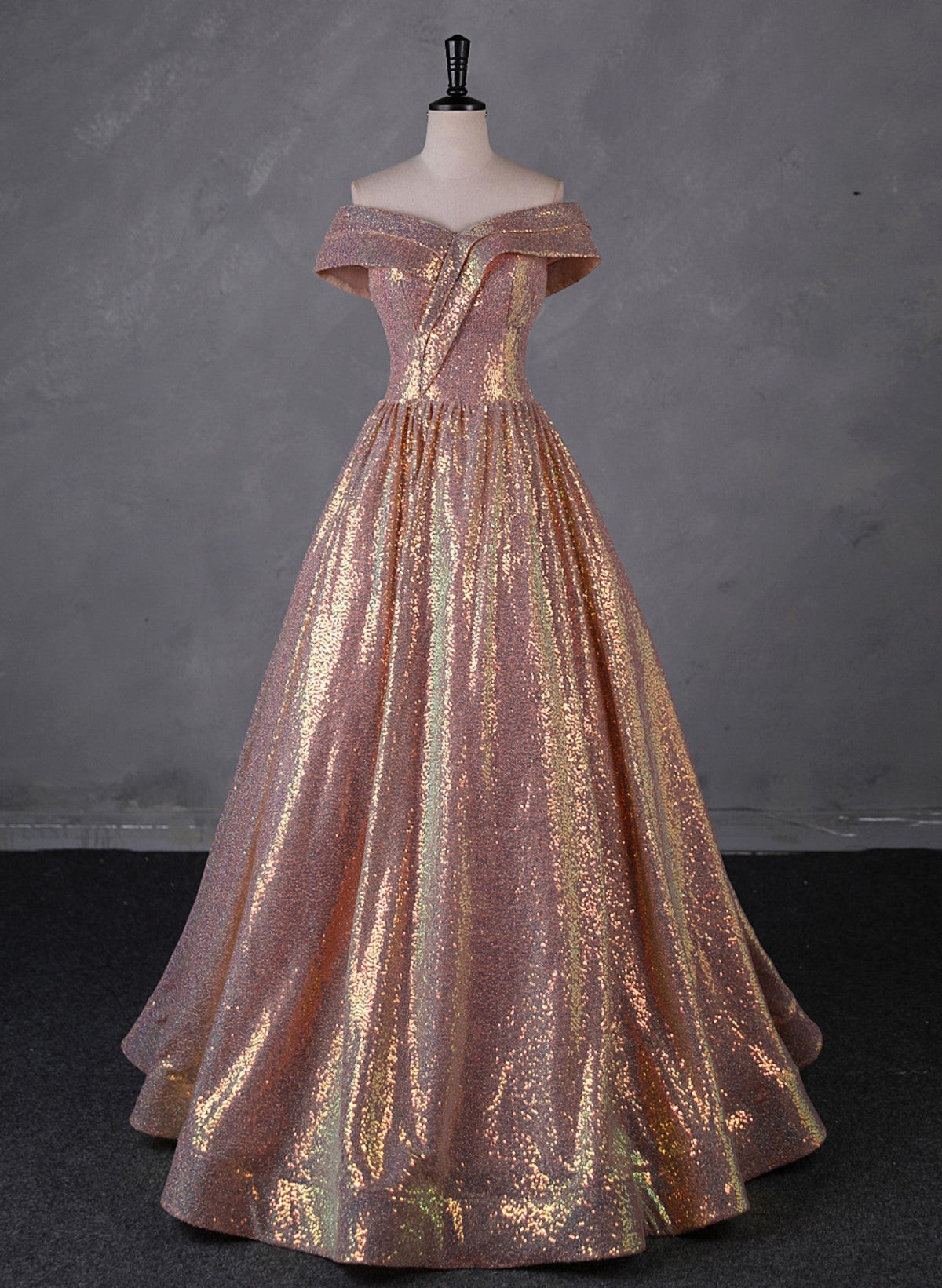 Charming Rose Gold Sequins Long Party Dress, Off Shoulder Sequins Prom Dress