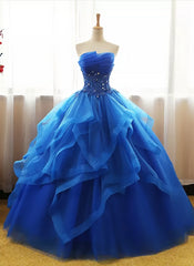 Charming Royal Blue Tulle Prom Gown , Sweet Party Dress
