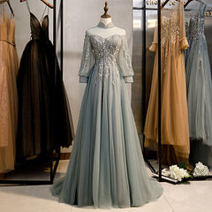 Charming Tulle Long Sleeves Beaded and Lace Long Party Dress, A-line Tulle Formal Gown