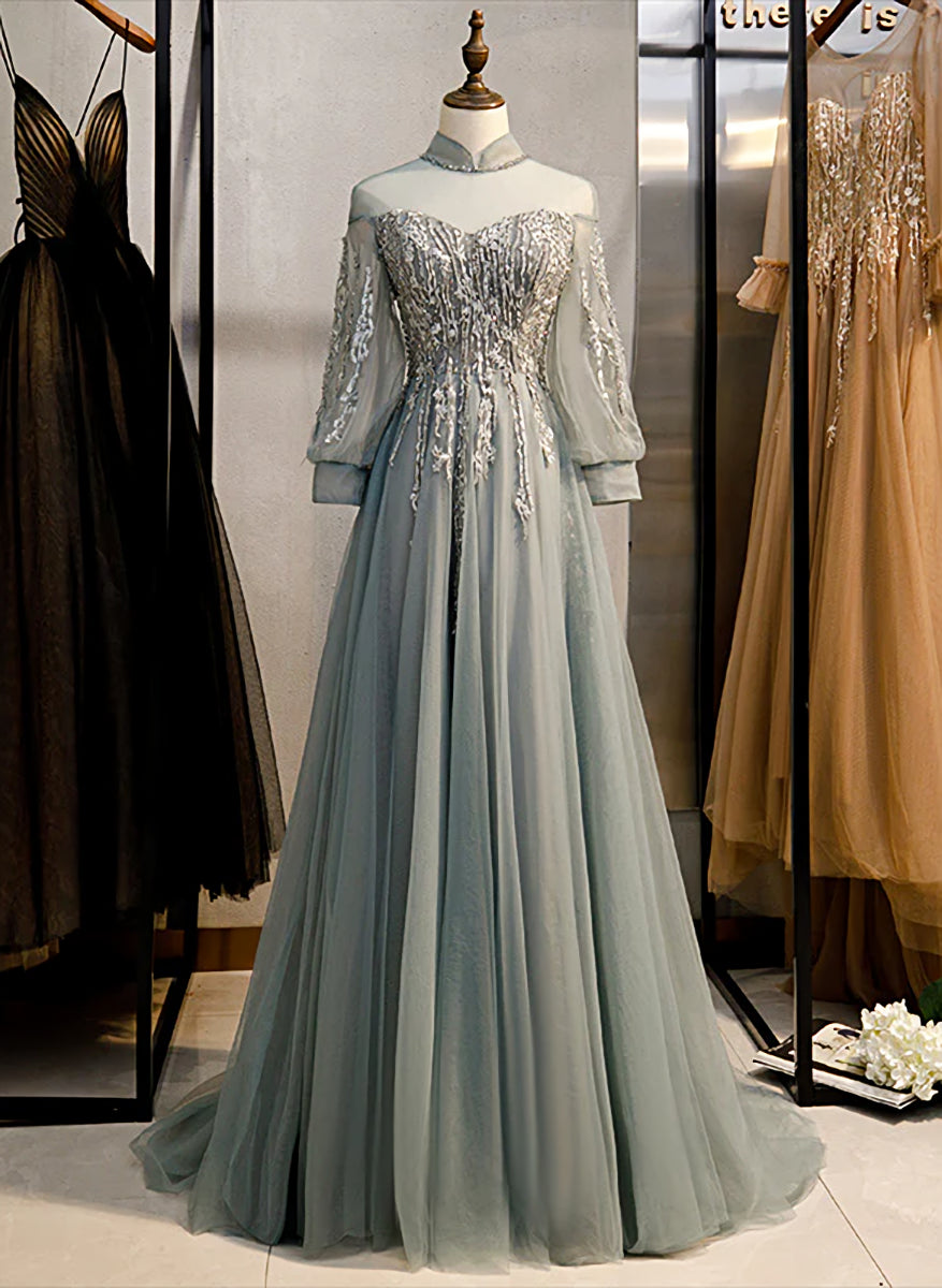 Charming Tulle Long Sleeves Beaded and Lace Long Party Dress, A-line Tulle Formal Gown