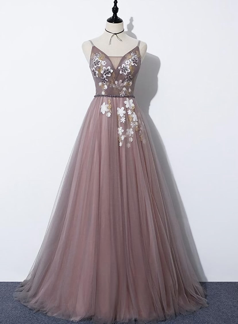 Charming V-neckline Flowers Dark Pink Prom Gown, Long Formal Dress