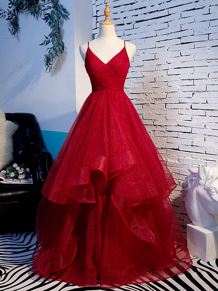 Charming Wine Red Straps Sweetehart Layers Tulle Prom Dress, Long Party Dress