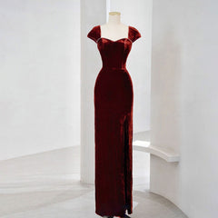 Charming Wine Red Velvet Cap Sleeves Long Party Dress, Wedding Party Dresses