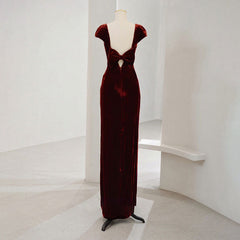 Charming Wine Red Velvet Cap Sleeves Long Party Dress, Wedding Party Dresses