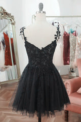 Chic Black Lace Straps Tulle Short Party Drss, Black Sweetheart Homecoming Dress