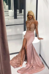 Chic Dusty Pink Long Sleevess Lace Appliques New Arrival High Split Sequined Long Prom Gowns