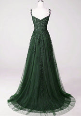 Chic Green Straps Tulle with Lace Party Dress, A-line Sweetheart Floor Length Prom Dress