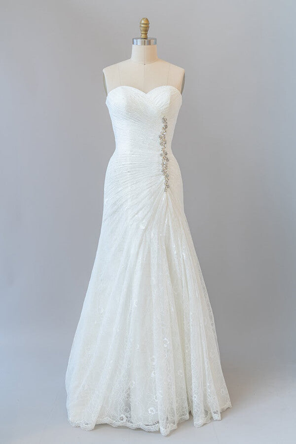 Chic Long Sheath Strapless Ruffle Lace Wedding Dress