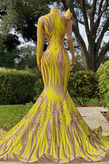 Chic Yellow Long Mermaid High Neck Tulle Lace Prom Dress with Sleeves