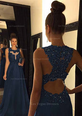 Chiffon Prom Dress A Line Princess Scoop Neck Sweep Train With Appliqued Beaded