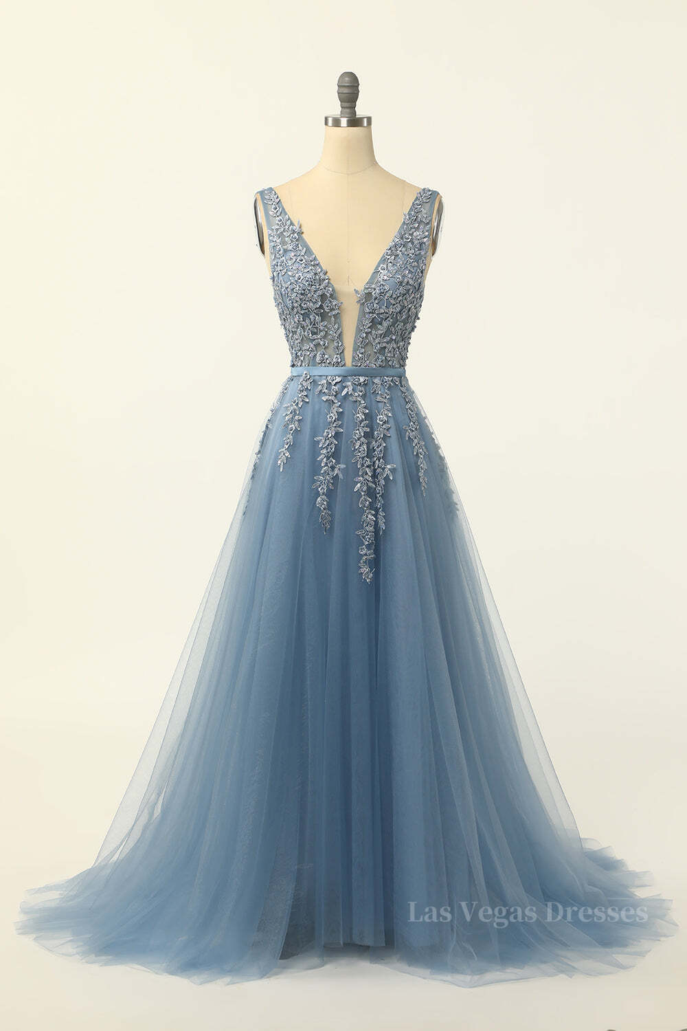 Classic Blue A-line Tulle and Appliques Long Formal Dress