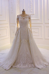 Classic Jewel Long Sleevess Tulle Lace Sparkle Ivory Wedding Dress