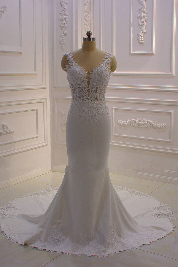 Classic Sleeveless Lace V neck Column White Court Train Wedding Dress